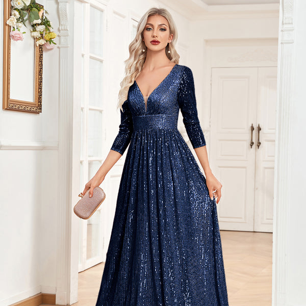 Sequin V-Neck Long Sleeveless A-Line Floor Length Navy Blue Prom/Evening Dress