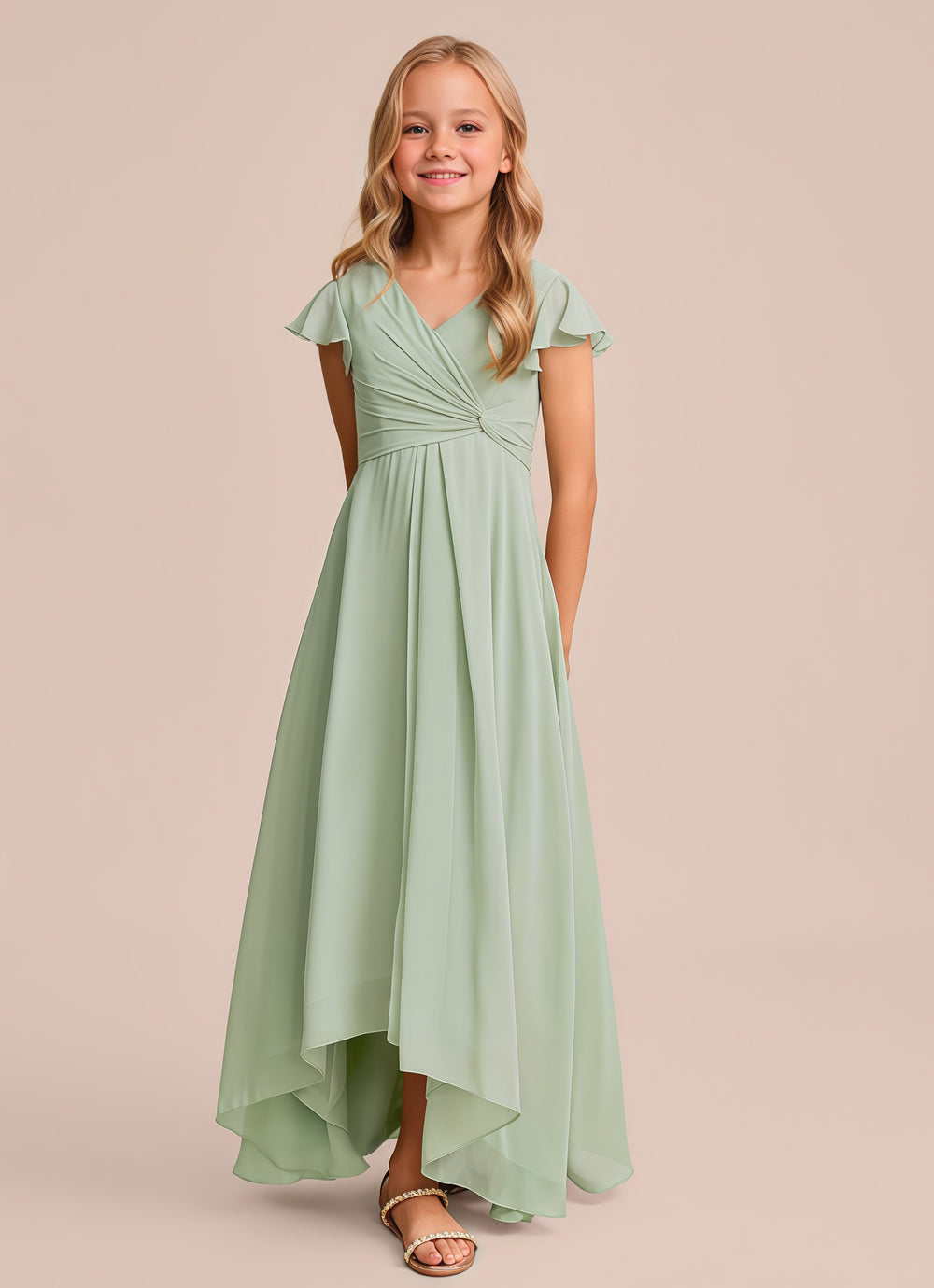 A-line V-Neck Asymmetrical Chiffon Junior Bridesmaid Dress