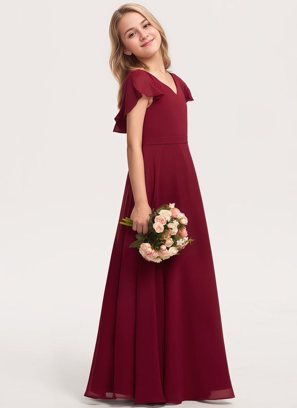 A-line V-Neck Floor-Length Chiffon Junior Bridesmaid Dress