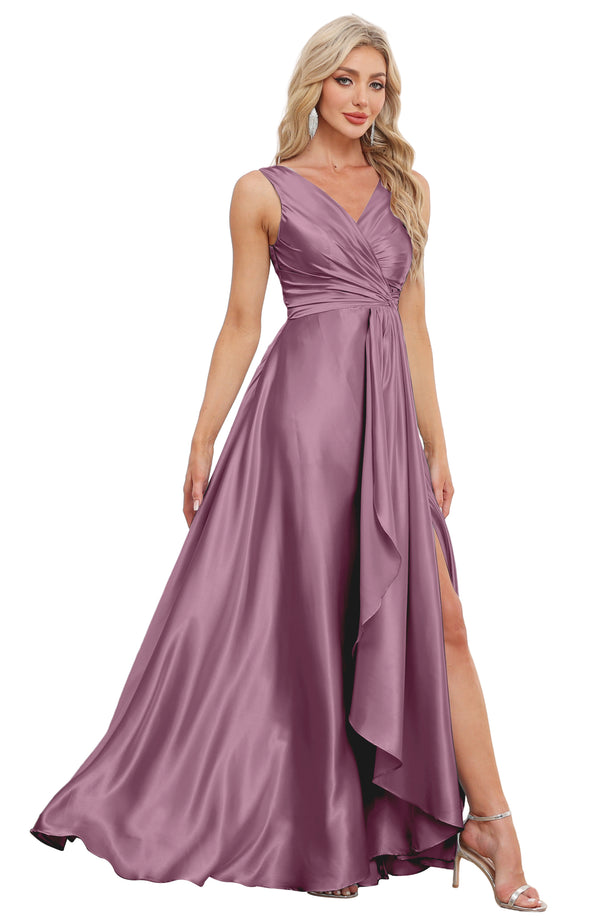 A-line V-Neck Floor-Length Satin Bridesmaid Dress