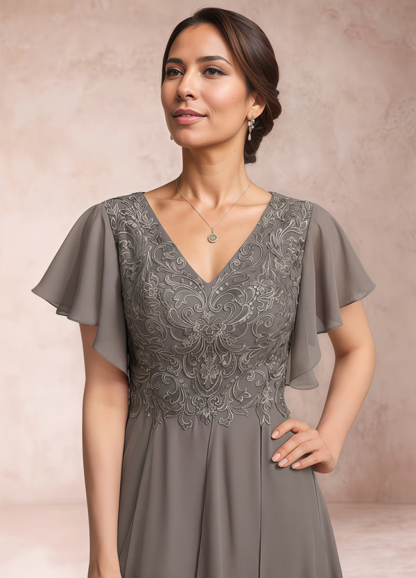 A-line V-Neck Ankle-Length Lace Chiffon Mother of the Bride Dress With Cascading Ruffles