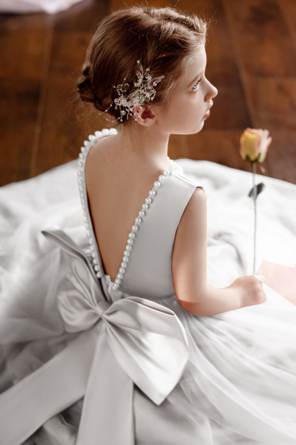Ball-Gown/Princess V-Neck Floor-Length Tulle/Satin Flower Girl Dress With Bow