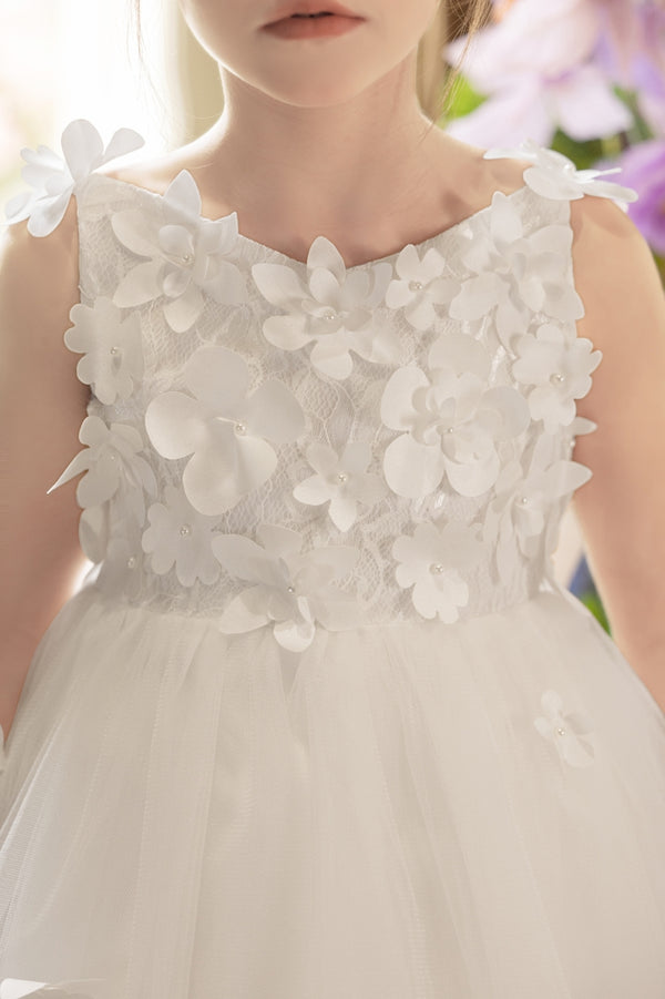 Ball-Gown/Princess V-Neck Asymmetrical Tulle Flower Girl Dress With Beading/3D Floral/Bow