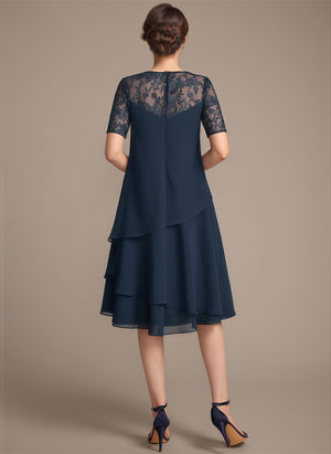 A-line Scoop Illusion Knee-Length Lace Chiffon Mother of the Bride Dress With Sequins