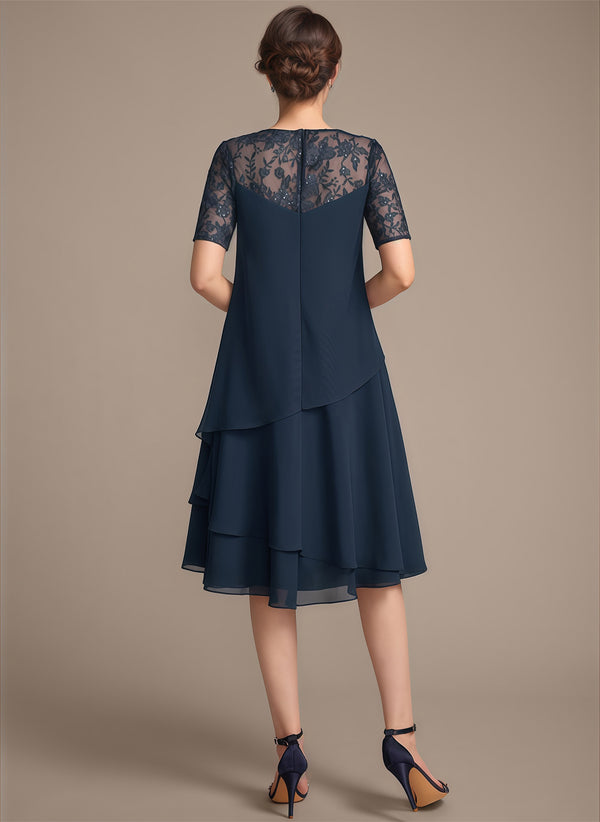 A-line Scoop Illusion Knee-Length Lace Chiffon Mother of the Bride Dress With Sequins
