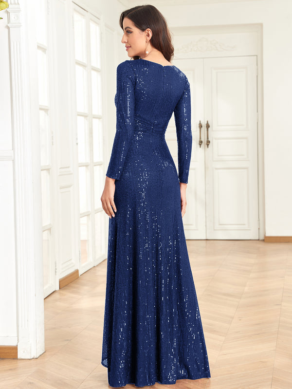 Sequin V-Neck Long Sleeves A-Line Floor Length Prom/Evening Dress