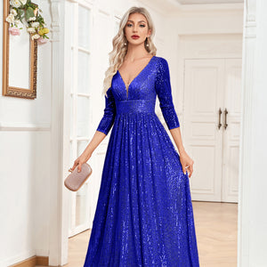 Sequin V-Neck Long Sleeveless A-Line Floor Length Navy Blue Prom/Evening Dress