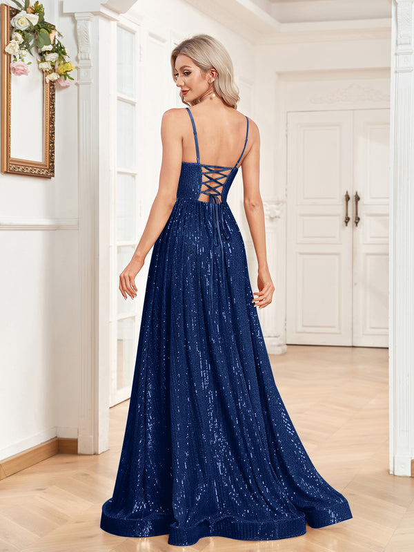 Sequin V-Neck Spaghetti Straps A-Line Floor Length Prom/Evening Dress