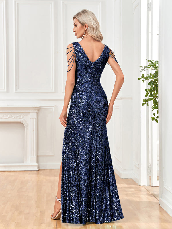 Mermaid/Trumpet Sequin V-Neck Sleeveless Floor Length Prom/Evening Dress with Silt
