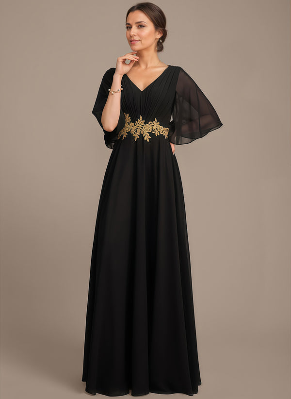 A-line V-Neck Floor-Length Chiffon Lace Mother of the Bride Dress With Sequins Beading