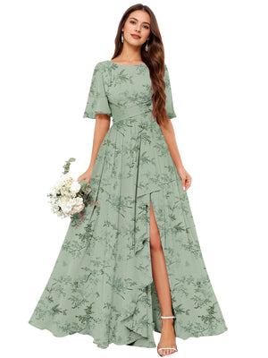 A-line Scoop Floor-Length Chiffon Bridesmaid Dress With Slit