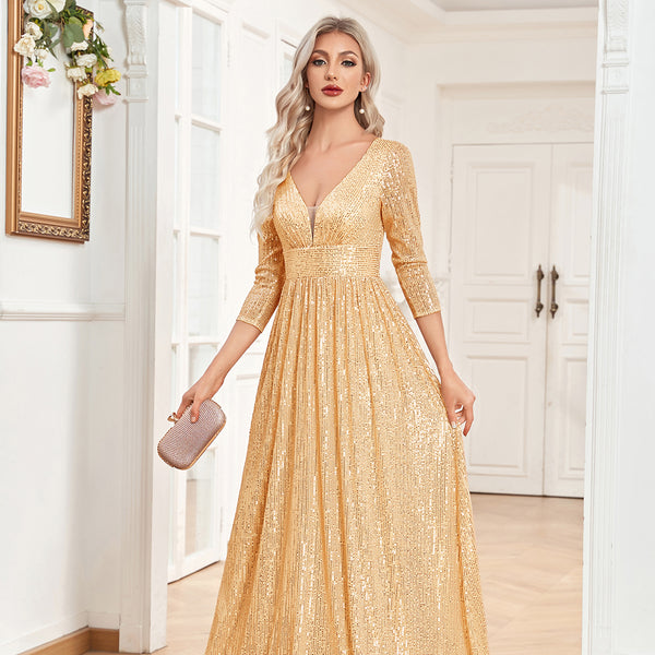 Sequin V-Neck Long Sleeveless A-Line Floor Length Gold Prom/Evening Dress