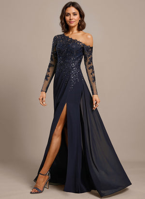 Trumpet/Mermaid Asymmetrical Illusion Floor-Length Lace Chiffon Evening Dress With Sequins