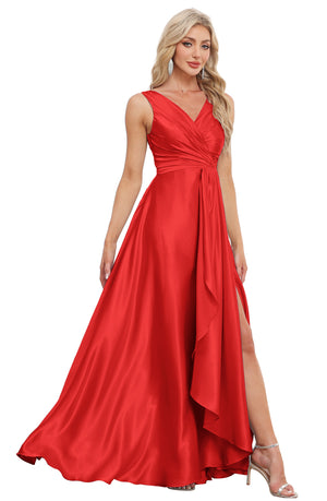 A-line V-Neck Floor-Length Satin Bridesmaid Dress