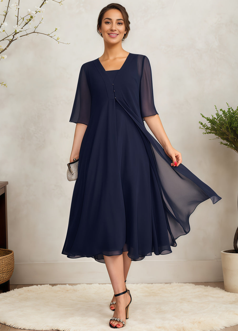Empire Square Knee-Length Chiffon Mother of the Bride Dress