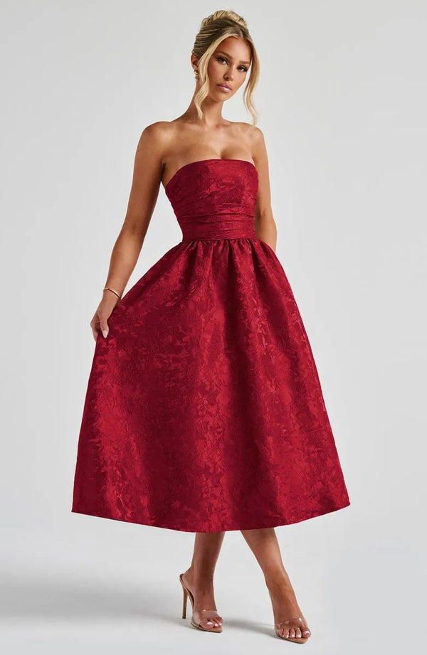 A-Line Strapless Tea-Length Jacquard Prom Dresses