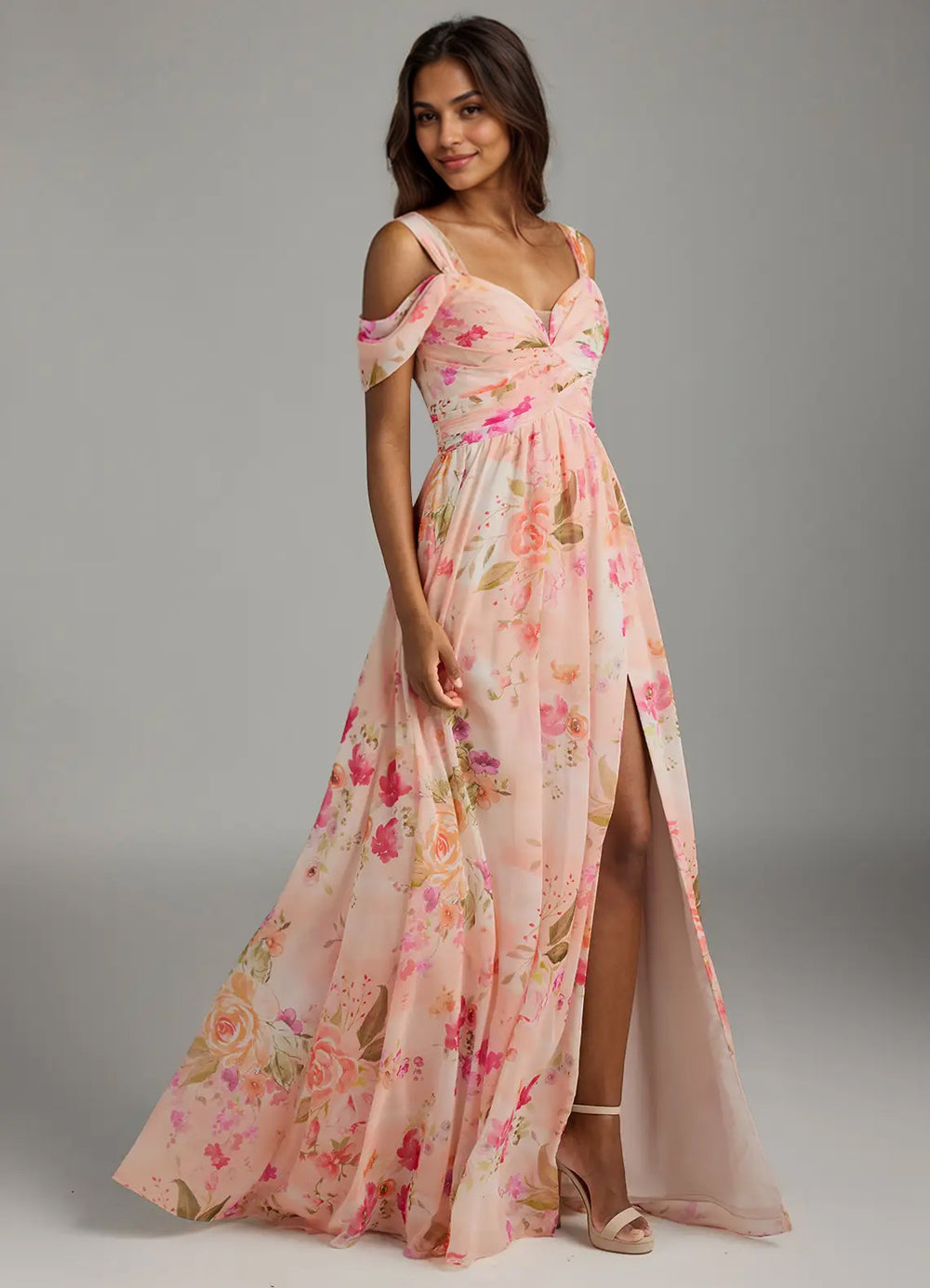 A-line Cold Shoulder Floor-Length Chiffon Bridesmaid Dress With Slit