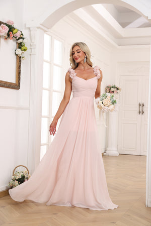 A-line/Princess Sweetheart Sleeveless Long/Floor-Length Chiffon Bridesmaid Dress With Pleated Shoulder Flower