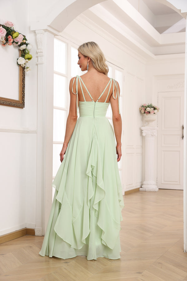 A-line V-Neck Floor-Length Tiered Chiffon Bridesmaid Dress