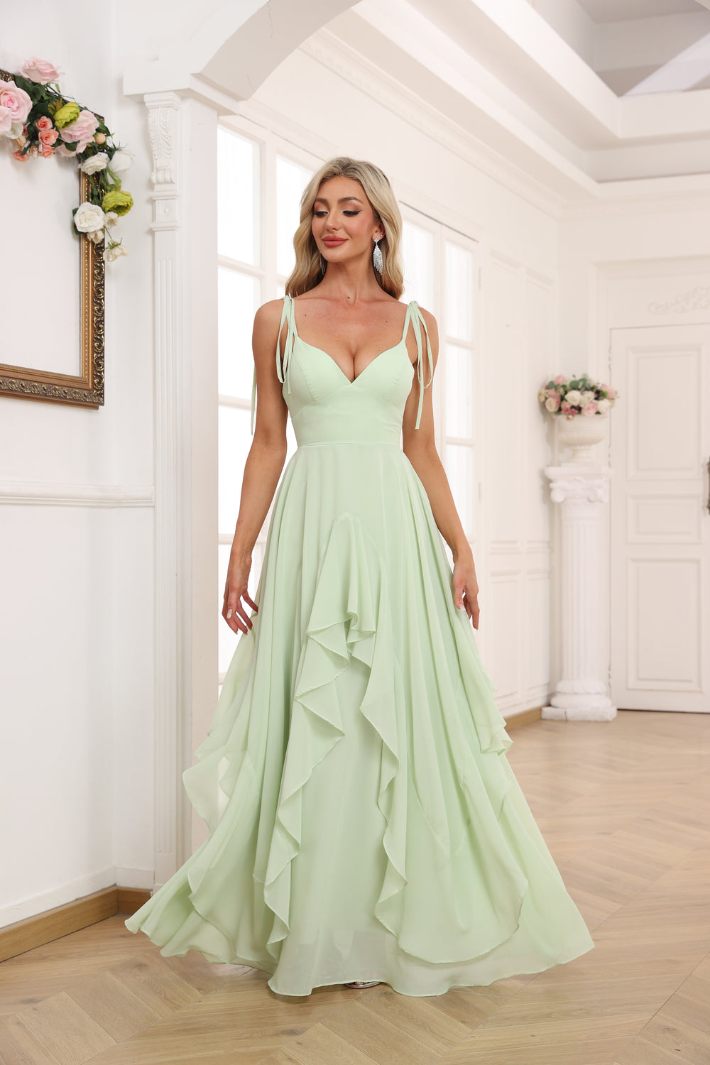 A-line V-Neck Floor-Length Tiered Chiffon Bridesmaid Dress