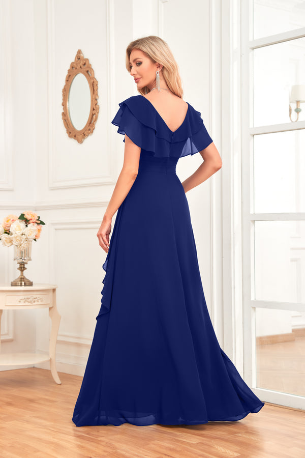 A-line V-Neck Floor-Length Chiffon Dress With Ruffle