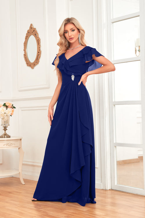 A-line V-Neck Floor-Length Chiffon Dress With Ruffle