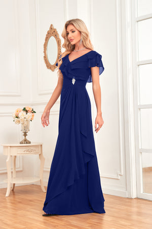 A-line V-Neck Floor-Length Chiffon Dress With Ruffle