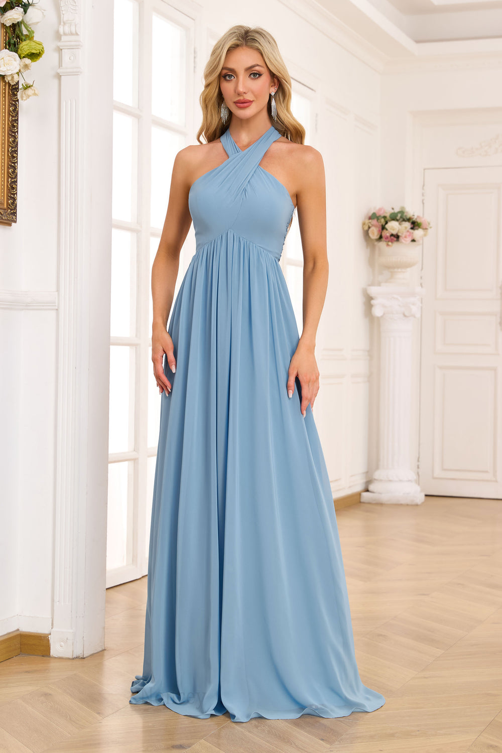 A-line Halter Floor-Length Chiffon Bridesmaid Dress With Ruffle