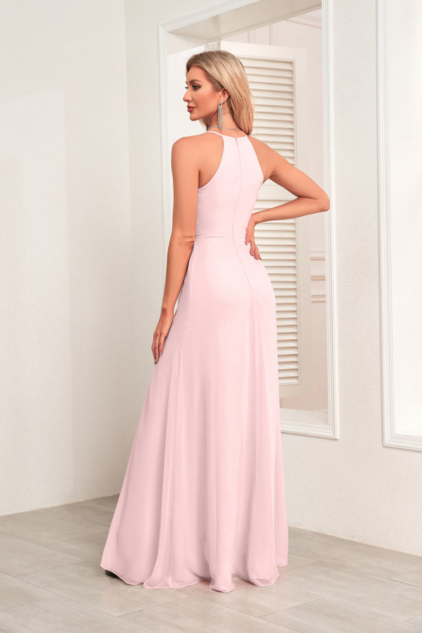 V Neck Spaghetti Straps Chiffon Bridesmaid Dress With Pleated Split