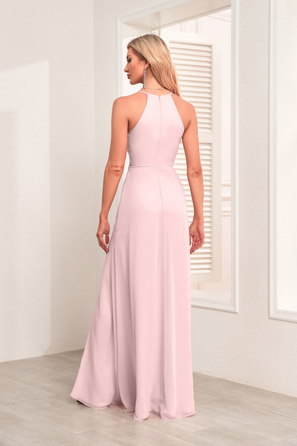 V Neck Spaghetti Straps Chiffon Bridesmaid Dress With Pleated Split