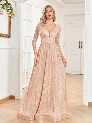 Sequin V-Neck Long Sleeveless A-Line Floor Length Rose Gold Prom/Evening Dress