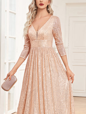 Sequin V-Neck Long Sleeveless A-Line Floor Length Rose Gold Prom/Evening Dress