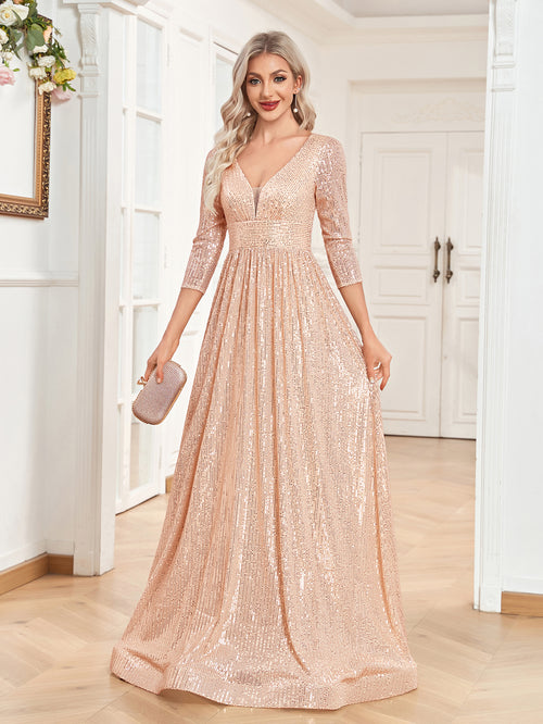 Sequin V-Neck Long Sleeveless A-Line Floor Length Rose Gold Prom/Evening Dress