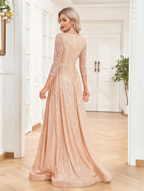 Sequin V-Neck Long Sleeveless A-Line Floor Length Rose Gold Prom/Evening Dress