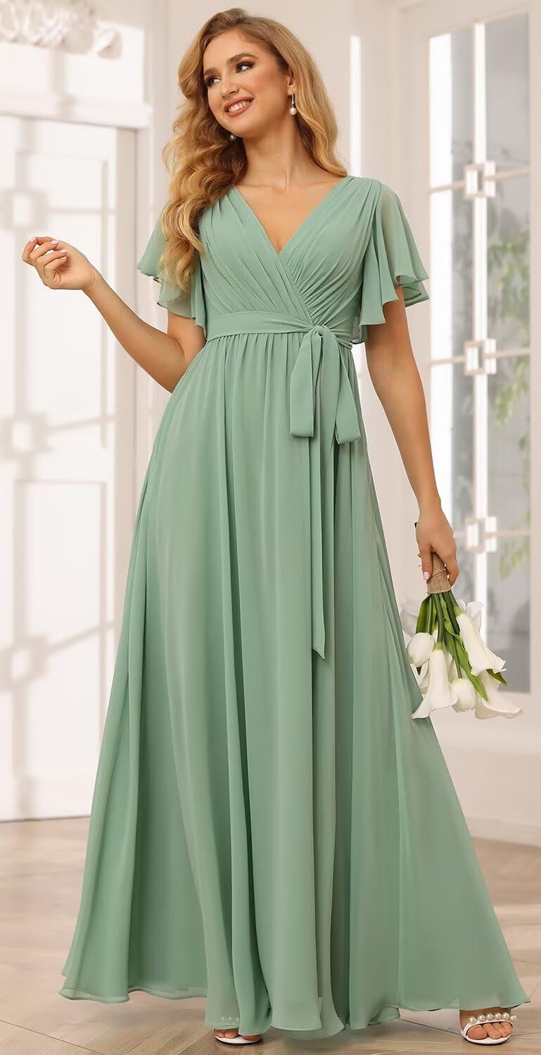 A-line V-Neck Floor-Length Chiffon Bridesmaid Dress With Ruffle
