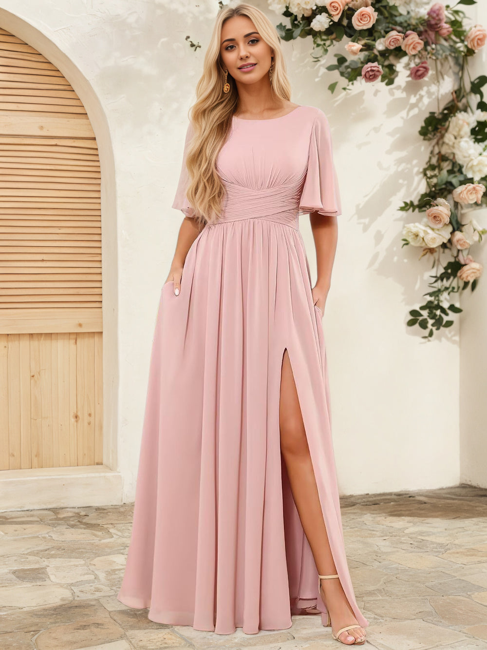 A-line Scoop Floor-Length Chiffon Bridesmaid Dress With Ruffle