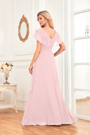A-line V-Neck Floor-Length Chiffon Dress With Ruffle