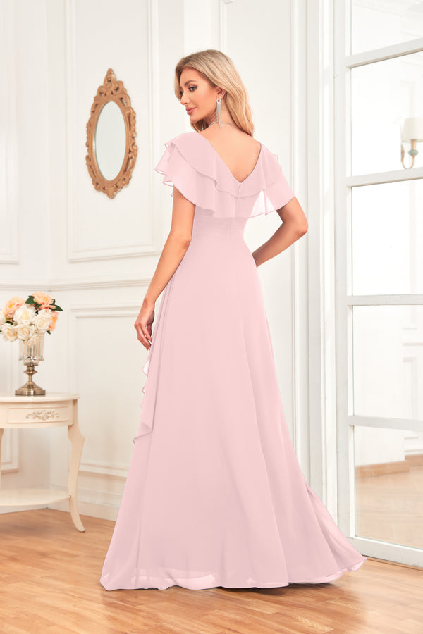 A-line V-Neck Floor-Length Chiffon Dress With Ruffle