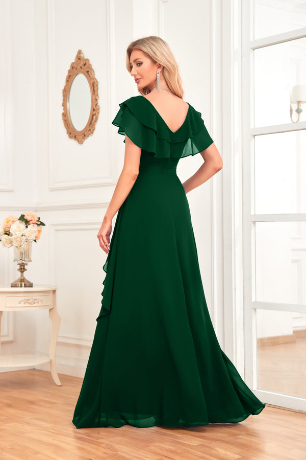 A-line V-Neck Floor-Length Chiffon Dress With Ruffle