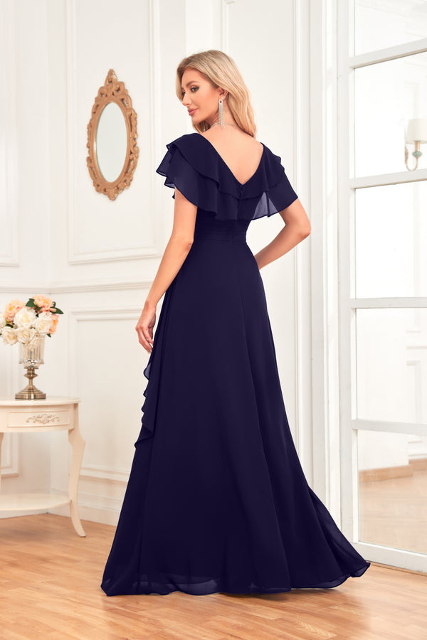 A-line V-Neck Floor-Length Chiffon Dress With Ruffle