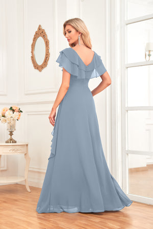 A-line V-Neck Floor-Length Chiffon Dress With Ruffle