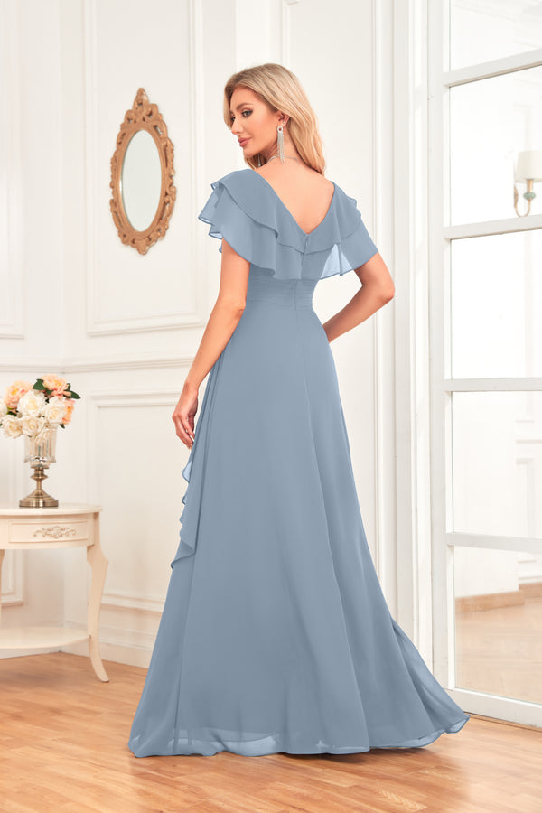 A-line V-Neck Floor-Length Chiffon Dress With Ruffle