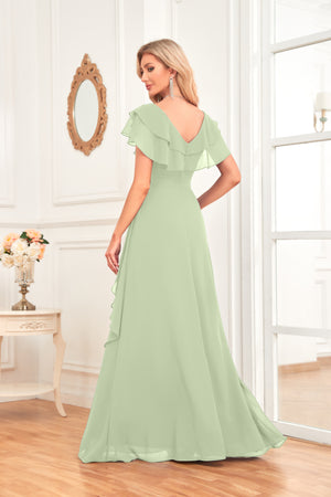 A-line V-Neck Floor-Length Chiffon Dress With Ruffle