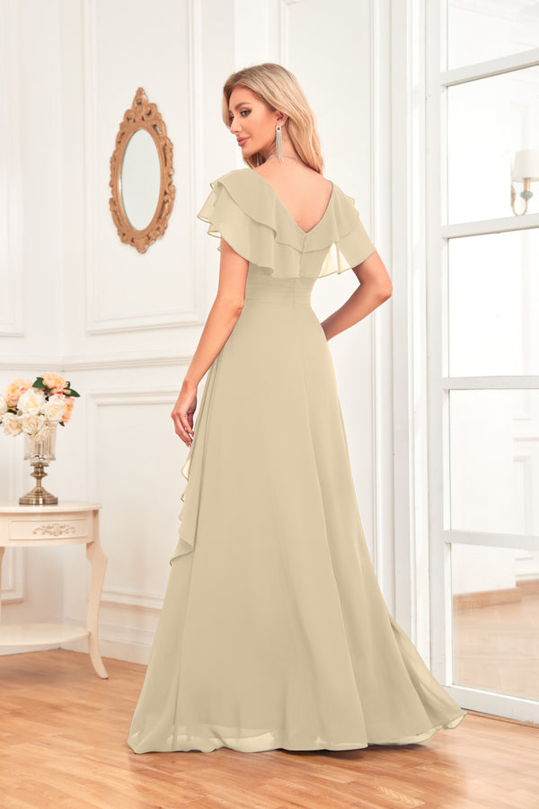 A-line V-Neck Floor-Length Chiffon Dress With Ruffle
