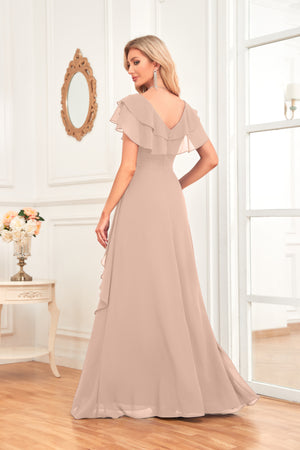 A-line V-Neck Floor-Length Chiffon Dress With Ruffle