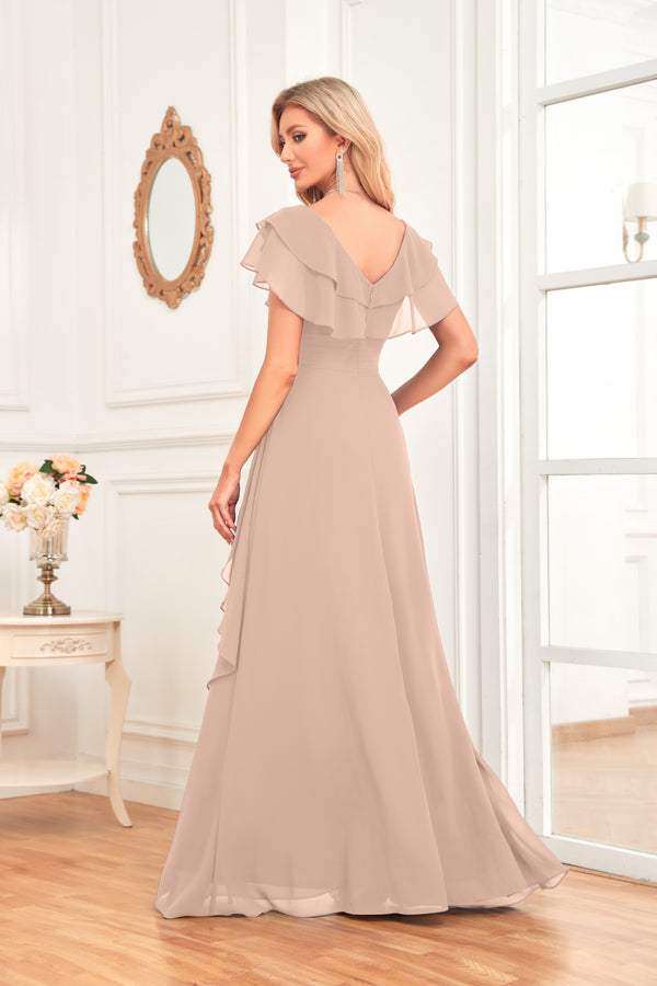 A-line V-Neck Floor-Length Chiffon Dress With Ruffle
