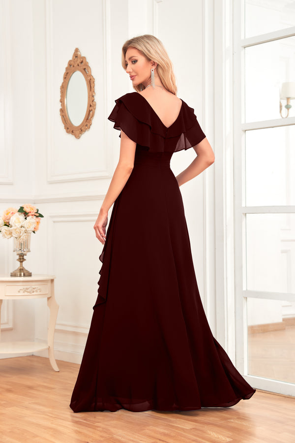 A-line V-Neck Floor-Length Chiffon Dress With Ruffle