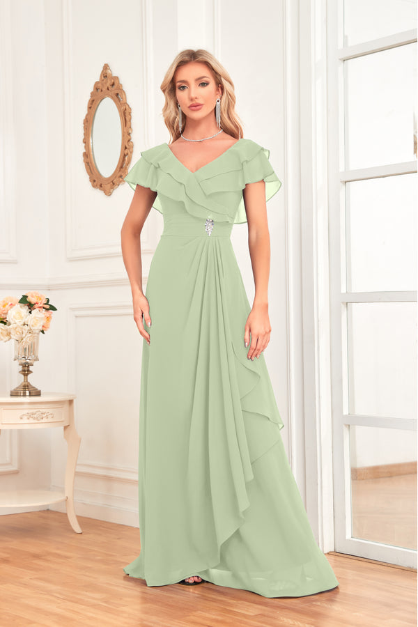 A-line V-Neck Floor-Length Chiffon Dress With Ruffle