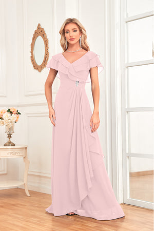 A-line V-Neck Floor-Length Chiffon Dress With Ruffle
