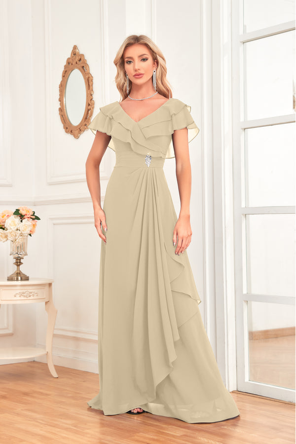 A-line V-Neck Floor-Length Chiffon Dress With Ruffle